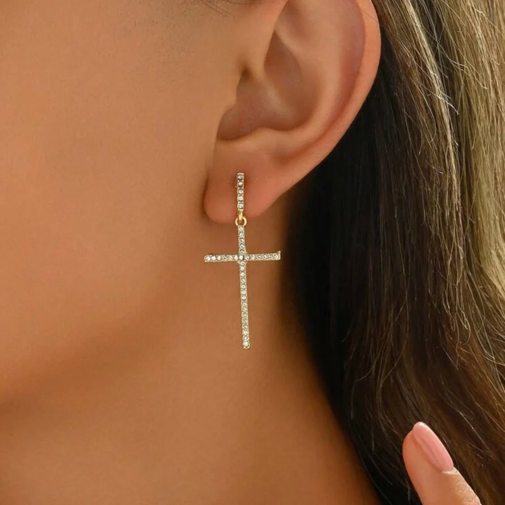 Elegant Gold Cross Earrings, Rhinestone Cross Earrings